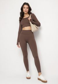 Born2be - Brązowy Komplet Sportowy Legginsy i Bluzka z Odkrytymi Plecami Dasalla. Kolor: brązowy #5
