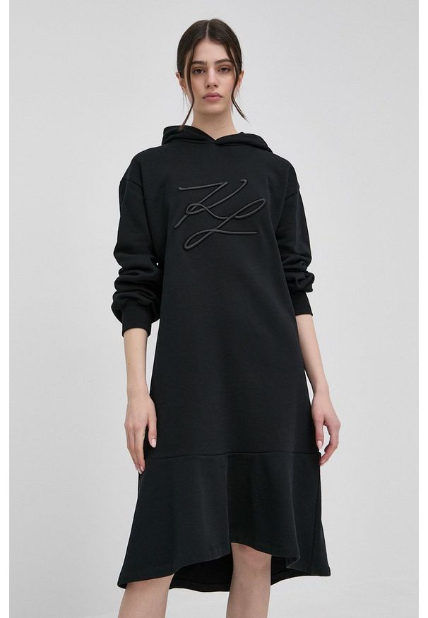Karl Lagerfeld sukienka bawełniana 220W1354 kolor czarny mini rozkloszowana. Typ kołnierza: kaptur. Kolor: czarny. Materiał: bawełna. Wzór: aplikacja. Typ sukienki: rozkloszowane. Długość: mini