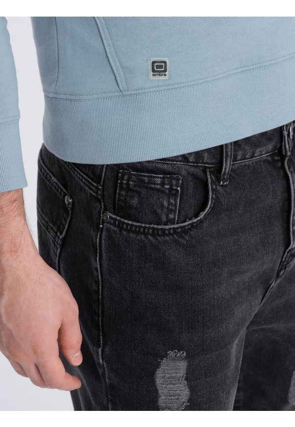 Ombre Clothing - Męskie spodnie jeansowe taper fit z dziurami - czarne V2 P1028 - XXL. Kolor: czarny. Materiał: jeans. Wzór: aplikacja. Styl: elegancki, vintage