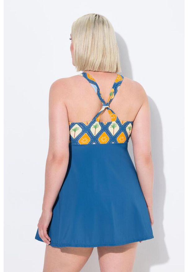 ULLA POPKEN - Damski Strój kąpielowy kokardka miękkie miseczki efekt dekoltu typu halter. Kolekcja: plus size. Kolor: niebieski. Materiał: poliester, elastan, poliamid, materiał