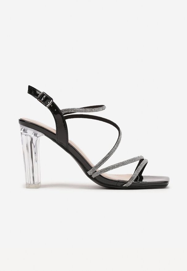 Renee - Czarne Sandały na Transparentnym Słupku Ozdobione Cyrkoniowymi Paskami Ivelesi. Okazja: na co dzień. Zapięcie: pasek. Kolor: czarny. Wzór: aplikacja. Obcas: na słupku. Styl: elegancki, casual. Wysokość obcasa: średni