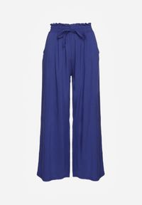 Renee - Granatowe Spodnie z Bawełny Typu Palazzo High Waist z Gumką w Talii Nelsaria. Okazja: na co dzień. Stan: podwyższony. Kolor: niebieski. Materiał: bawełna. Styl: elegancki, casual, wizytowy #4