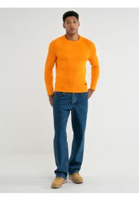 Big-Star - Sweter męski klasyczny pomaraŅczowy Olson 701. Kolor: pomarańczowy. Materiał: bawełna, skóra. Wzór: aplikacja, prążki, ze splotem. Styl: klasyczny