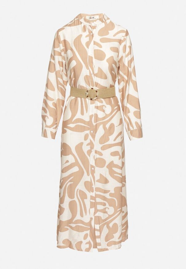 Born2be - Beżowa Sukienka Koszulowa z Wiskozą w Abstrakcyjny Wzór z Paskiem Koredis. Okazja: na co dzień, na spacer. Kolor: beżowy. Materiał: wiskoza. Długość rękawa: długi rękaw. Sezon: wiosna, lato. Typ sukienki: koszulowe. Styl: elegancki, casual