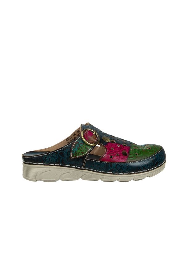 Klapki Laura Vita Dorry 08 Jeans 202031, Granatowy, Skóra naturalna - 38. Kolor: niebieski. Materiał: skóra. Wzór: ażurowy, aplikacja, kolorowy. Obcas: na obcasie. Styl: elegancki. Wysokość obcasa: średni