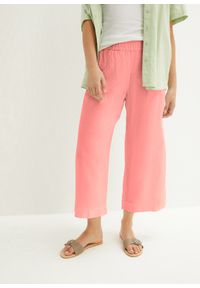 bonprix - Spodnie culotte z lnem, dł. do łydki. Kolor: różowy. Materiał: len