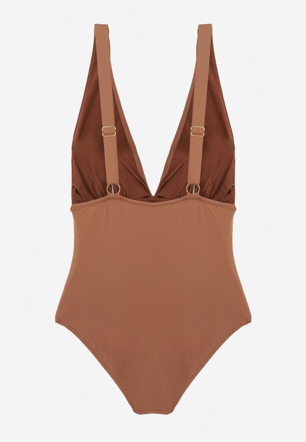 Born2be - Brązowy Jednoczęściowy Strój Kąpielowy z Marszczeniem i Imitacją Paska z Klamrą Tinryss. Kolekcja: plus size. Kolor: brązowy. Długość: długie