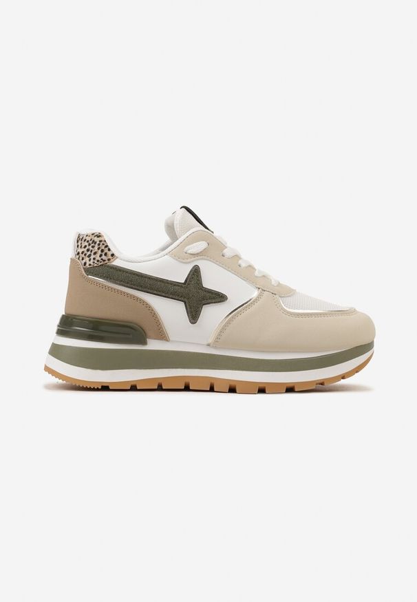 Renee - Beżowo-Zielone Sneakersy na Niskiej Platformie z Ozdobnymi Wstawkami na Cholewce Suno. Nosek buta: okrągły. Zapięcie: sznurówki. Kolor: beżowy. Materiał: materiał. Szerokość cholewki: normalna. Obcas: na platformie. Wysokość obcasa: niski