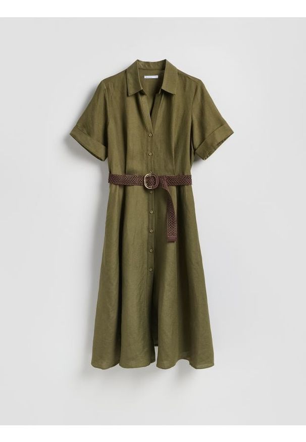 Reserved - Sukienka midi z lnem - zielony. Kolor: zielony. Materiał: len. Długość: midi