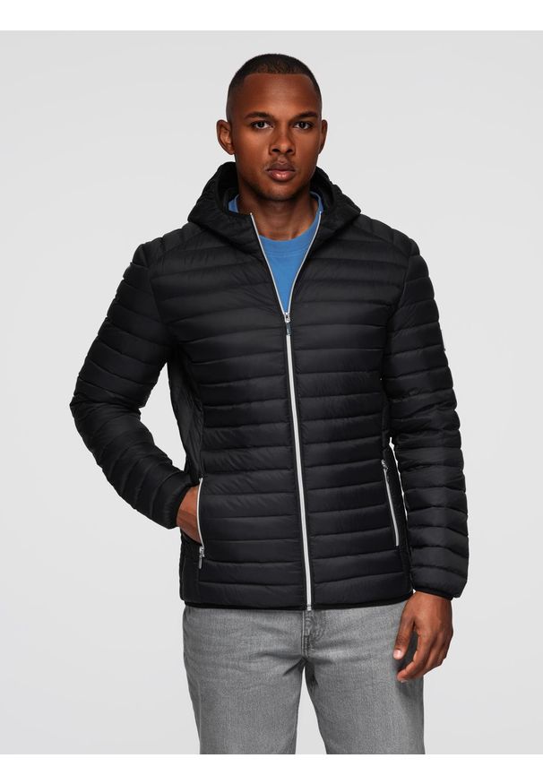 Ombre Clothing - Ultralekka kurtka puchowa męska z kapturem – czarna V1 - Rozmiar: M. Typ kołnierza: kaptur. Kolor: czarny. Materiał: puch. Wzór: aplikacja. Styl: sportowy, elegancki