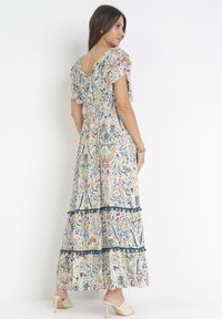 Born2be - Biało-Beżowa Rozkloszowana Sukienka Maxi z Marszczoną Gumką w Pasie i Falbanami z Wiskozy Wilsey. Typ kołnierza: kołnierz z falbankami. Kolor: biały. Materiał: wiskoza. Długość rękawa: bez rękawów. Wzór: aplikacja, kwiaty. Długość: maxi #5