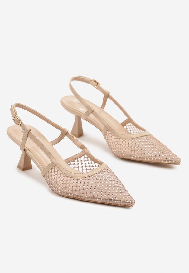 Renee - Beżowe Sandały na Kaczuszce Slingback z Siateczkową Cholewką i Cyrkoniami Velionna. Zapięcie: sprzączka. Kolor: beżowy. Obcas: na szpilce. Wysokość obcasa: średni