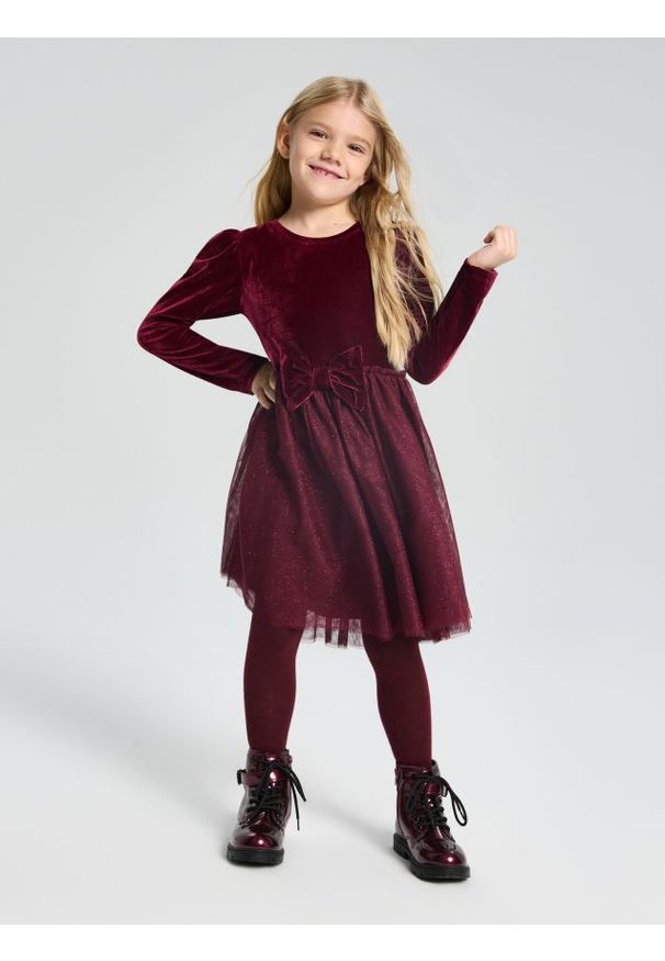 Sinsay - Sukienka babydoll z połyskiem - bordowy. Kolor: czerwony