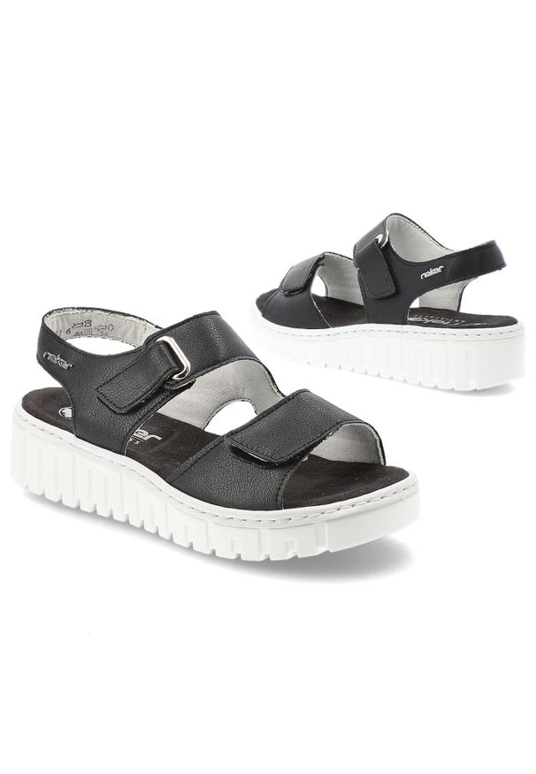 Sandały damskie Rieker, cholewka ze skóry naturalnej regulowane paski na rzepy odkryty fason, czarne, V1382-00. Okazja: na co dzień. Zapięcie: rzepy. Kolor: czarny. Materiał: skóra. Wzór: paski. Sezon: lato. Styl: casual, klasyczny, elegancki