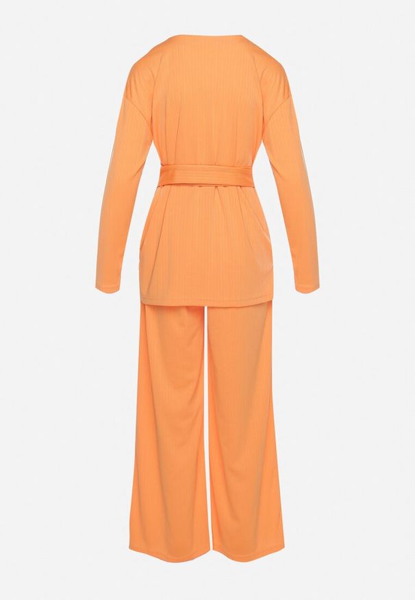 Born2be - Pomarańczowy Komplet z Spodnie Prostymi Nogawkami i Bluzka z Paskiem Carenesa. Kolor: pomarańczowy