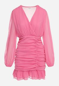 Born2be - Różowa Sukienka Mini Taliowana z Kopertową Górą i Marszczeniami Nolsama. Kolor: różowy. Materiał: materiał. Typ sukienki: kopertowe. Długość: mini #6
