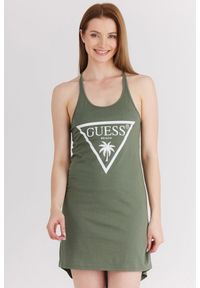Guess - GUESS Zielona damska sukienka z trójkątnym logo na ramiączka, Rozmiar XS. Kolor: zielony. Materiał: bawełna. Długość rękawa: na ramiączkach. Wzór: nadruk