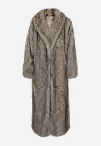 Born2be - Beżowo-Czarny Długi Płaszcz Futrzany z Kołnierzem Banisse. Okazja: na co dzień. Kolor: beżowy. Materiał: futro. Długość: długie. Styl: klasyczny, casual, elegancki #5