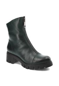 Zielone Botki Simen Damskie Skórzane Modne Obuwie. Okazja: na spacer. Kolor: zielony. Materiał: skóra. Szerokość cholewki: normalna. Sezon: zima. Obcas: na obcasie. Styl: elegancki. Wysokość obcasa: niski #1