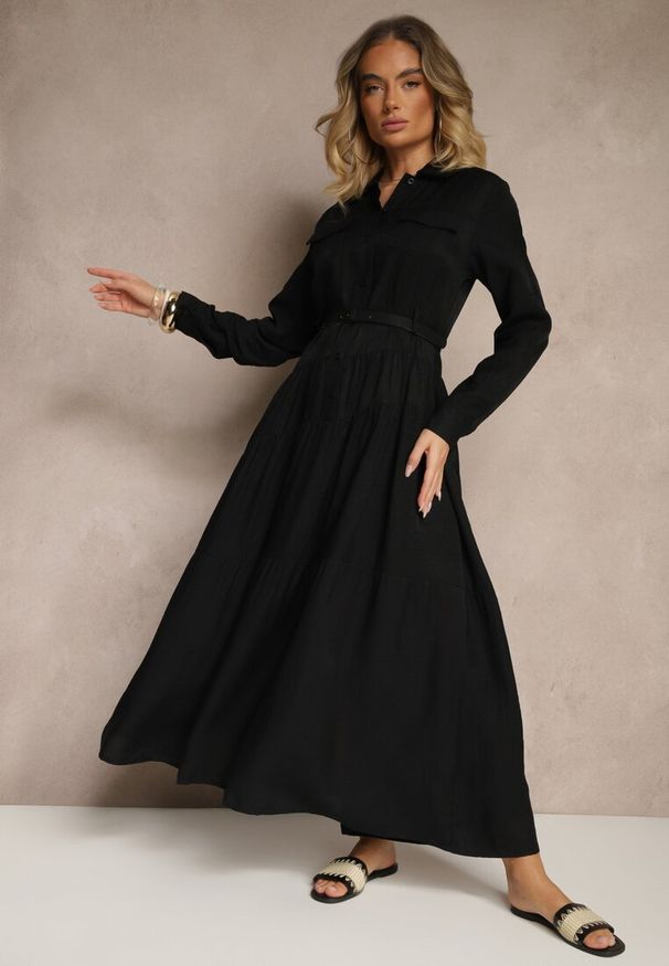 Renee - Czarna Rozkloszowana Sukienka z Wiskozy z Guzikami i Paskiem Ronesa. Okazja: na co dzień. Kolor: czarny. Materiał: wiskoza. Typ sukienki: proste. Styl: casual, elegancki