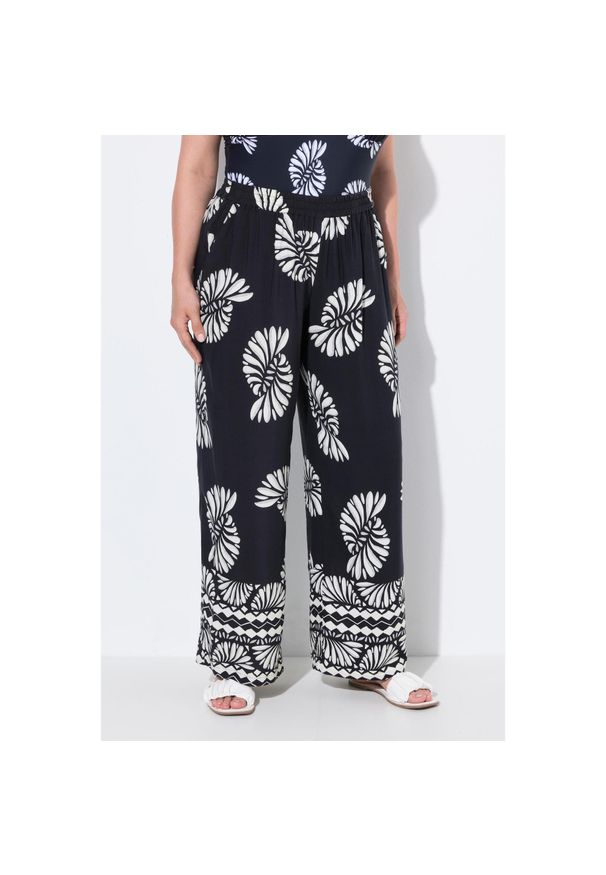 ULLA POPKEN - Damskie Spodnie palazzo nadruk szeroka nogawka elastyczny pas. Kolekcja: plus size. Kolor: czarny. Materiał: materiał, wiskoza. Długość: długie. Wzór: nadruk