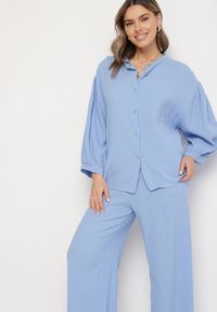 Born2be - Niebieski Muślinowy Komplet z Bawełny o Kroju Oversize Koszula i Szerokie Spodnie Ziselia. Kolor: niebieski. Materiał: bawełna. Wzór: aplikacja