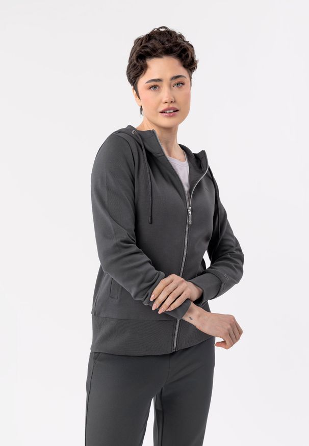 Volcano - Bluza na zamek B-ALEXA. Okazja: na spotkanie biznesowe. Typ kołnierza: kaptur. Materiał: elastan, bawełna, skóra, materiał. Wzór: gładki. Styl: biznesowy, klasyczny, sportowy