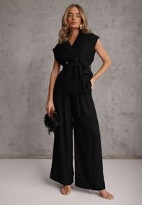 Renee - Czarny Wiskozowy Komplet Garniturowy Spodnie Wide Leg i Kamizelka z Paskiem Elyenryl. Kolor: czarny. Materiał: wiskoza #2