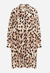 Born2be - Beżowa Wiskozowa Sukienka Koszulowa z Lnem w Panterkę w Stylu Nietoperza Emarille. Okazja: na co dzień. Kolor: beżowy. Materiał: len, wiskoza. Wzór: motyw zwierzęcy. Typ sukienki: koszulowe. Styl: klasyczny, casual #7