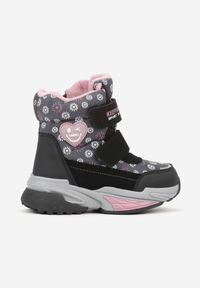 Born2be - Szare Śniegowce w Kwiatki z Sercem i Napisem Alwedina. Okazja: na co dzień. Kolor: szary. Materiał: jeans. Wzór: napisy, kwiaty. Sezon: zima. Styl: casual, elegancki #1