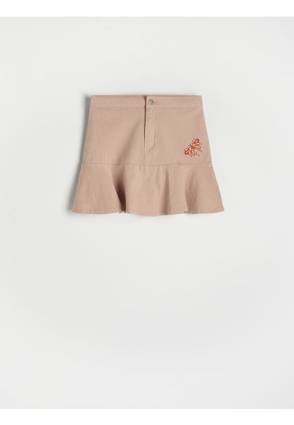 Reserved - Spódnica z falbaną - beżowy. Kolor: beżowy. Materiał: bawełna, tkanina. Typ sukienki: trapezowe