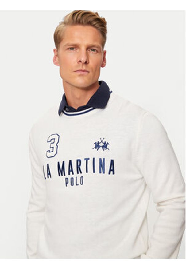 La Martina Sweter ZMS303 YW120 Écru Regular Fit. Materiał: wełna, bawełna