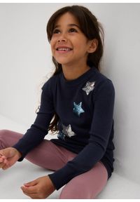 bonprix - Długi sweter z cienkiej dzianiny z cekinami. Kolor: niebieski. Materiał: dzianina. Długość rękawa: długi rękaw. Długość: długie. Wzór: aplikacja #3