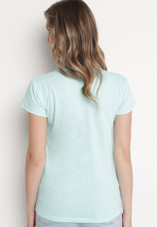 Born2be - Miętowy Bawełniany T-shirt z Nadrukiem i Brokatem Kruita. Kolor: miętowy. Materiał: bawełna. Długość rękawa: krótki rękaw. Długość: krótkie. Wzór: nadruk