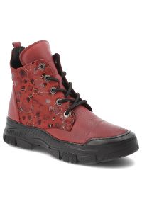 Czerwone Botki Artiker Stylowe Obuwie Damskie. Okazja: na co dzień. Zapięcie: sznurówki. Kolor: czerwony. Materiał: skóra. Wzór: aplikacja. Obcas: na platformie. Styl: elegancki #1