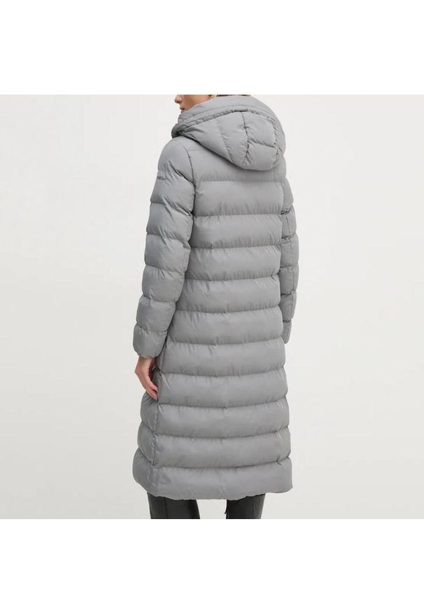 Długa kurtka puchowa damska z kapturem Geox Anylla. Typ kołnierza: kaptur. Kolor: szary. Materiał: puch. Długość: długie
