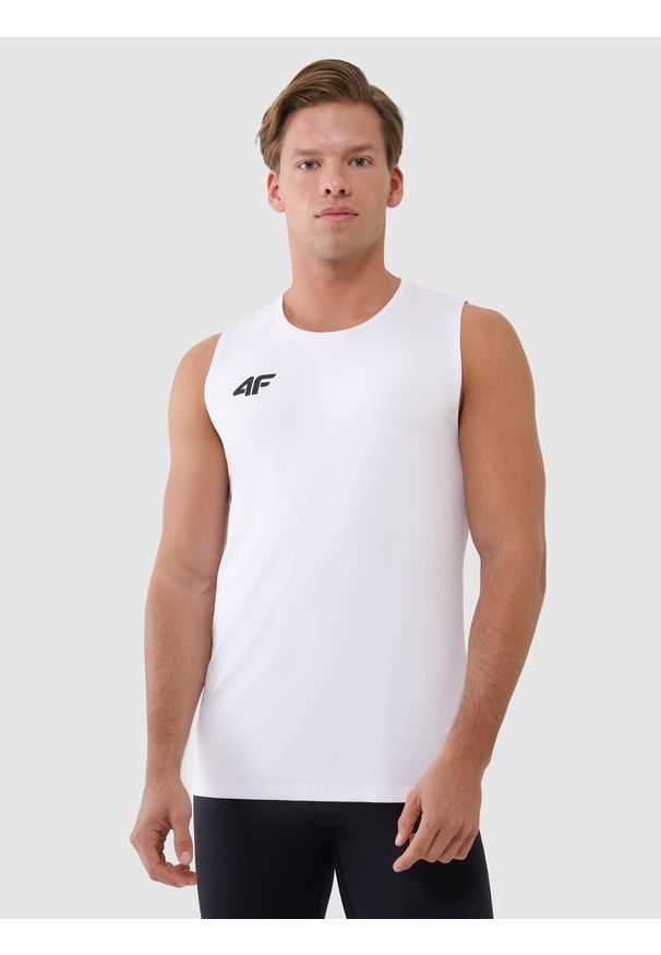 4f - Tank top treningowy szybkoschnący męski - biały. Kolor: biały. Materiał: syntetyk, materiał, elastan, włókno, dzianina. Wzór: jednolity, gładki, ze splotem. Sport: fitness