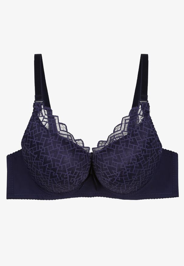 Renee - Granatowy Biustonosz Push Up z Koronką i Regulowanymi Ramiączkami Tiavara. Kolor: niebieski. Materiał: koronka. Rodzaj stanika: push-up. Wzór: koronka