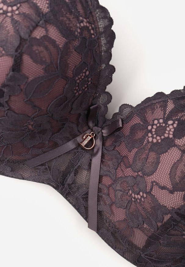 Renee - Szaro-Różowy Biustonosz Ozdobiony Koronką i Kokardką Aqiany. Kolor: szary. Materiał: koronka. Wzór: koronka, aplikacja