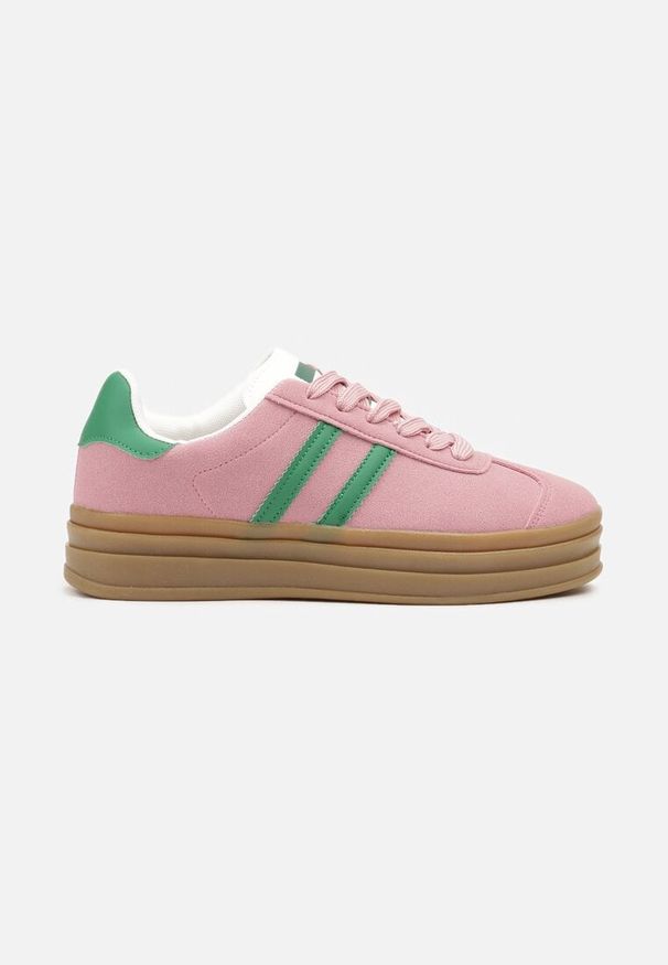 Renee - Ciemnoróżowe Klasyczne Sneakersy na Niewysokiej Platformie Terilee. Okazja: na co dzień. Kolor: różowy. Materiał: jeans. Wzór: aplikacja. Obcas: na platformie