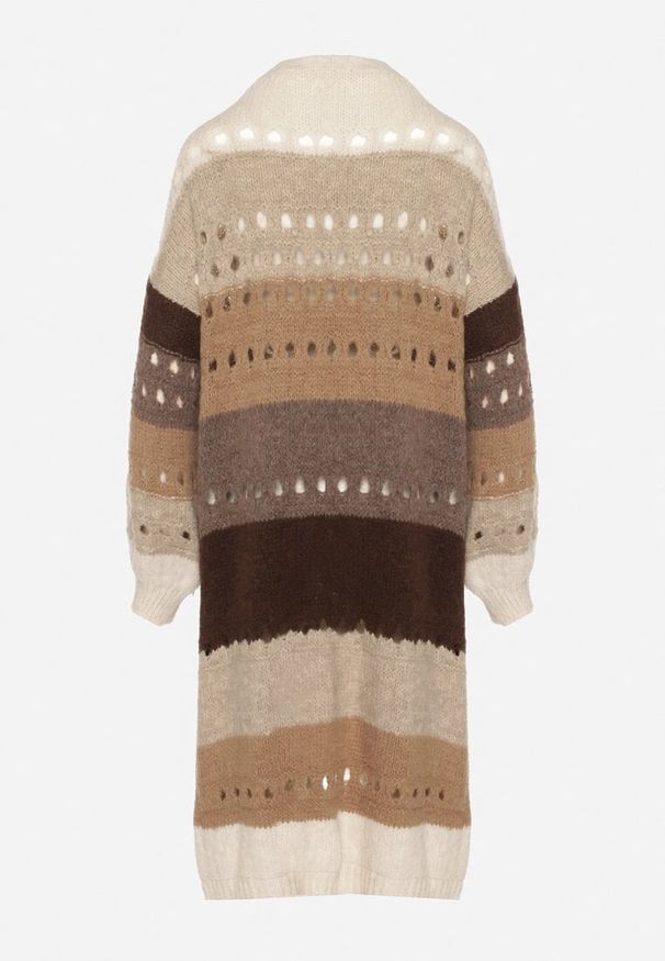 Born2be - Beżowy Długi Kardigan Ażurowy w Paski z Domieszką Wełny i Wiskozy Ilomine. Okazja: na spotkanie biznesowe, na co dzień. Kolor: beżowy. Materiał: wiskoza, wełna. Długość: długie. Wzór: paski, ażurowy. Styl: biznesowy, casual