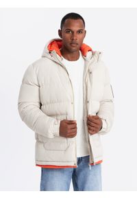 Ombre Clothing - Sportowa ciepła kurtka męska z podwójnym kapturem – jasny beżowy V1 - Rozmiar: XL. Kolor: szary. Materiał: syntetyk, tkanina, poliester, materiał. Długość: długie. Wzór: aplikacja, nadruk, napisy. Styl: sportowy #5