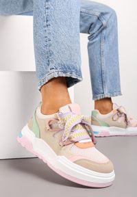 Born2be - Różowo-Beżowe Sneakersy na Niskiej Platformie z Szerokimi Sznurówkami Gritte. Kolor: różowy. Obcas: na platformie #6