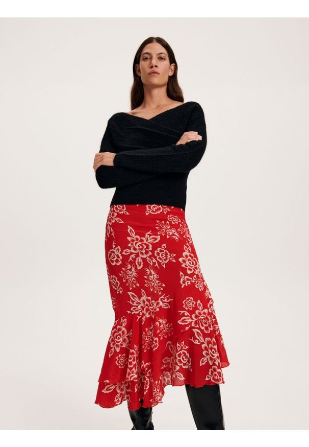 Reserved - Asymetryczna spódnica midi - wielobarwny. Materiał: wiskoza. Wzór: nadruk, kwiaty