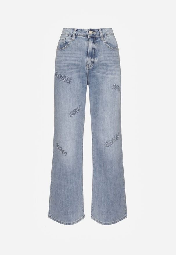 Renee - Niebieskie Szerokie Jeansy High Waist z Ozdobnymi Naszywkami Hleffia. Okazja: na co dzień. Stan: podwyższony. Kolor: niebieski. Wzór: aplikacja. Styl: casual, elegancki, klasyczny