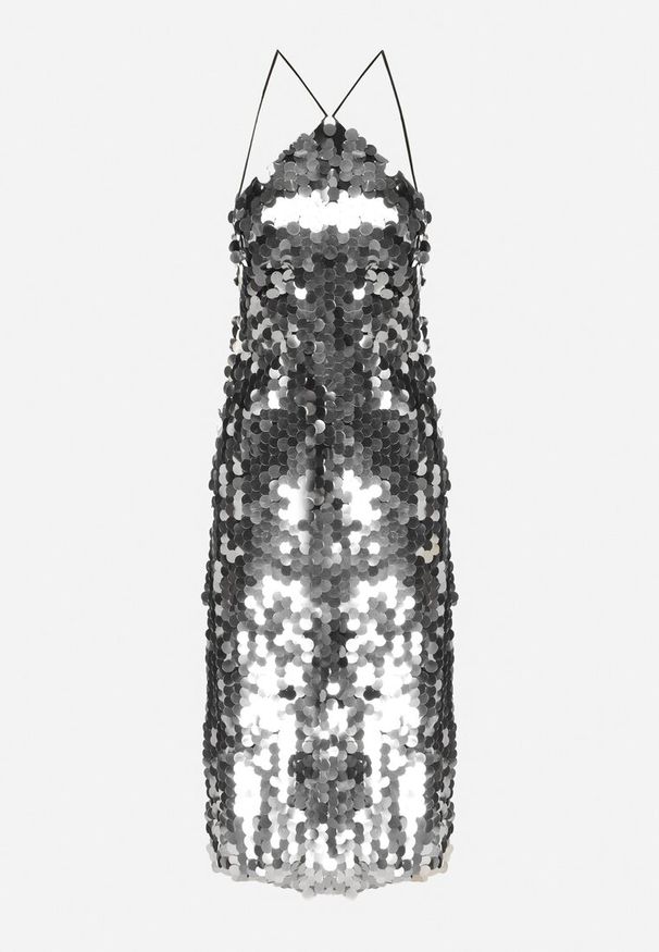 Born2be - Srebrna Asymetryczna Sukienka Bogato Zdobiona Cekinami z Wiązaniem na Plecach Lericie. Kolor: srebrny. Wzór: aplikacja. Typ sukienki: asymetryczne