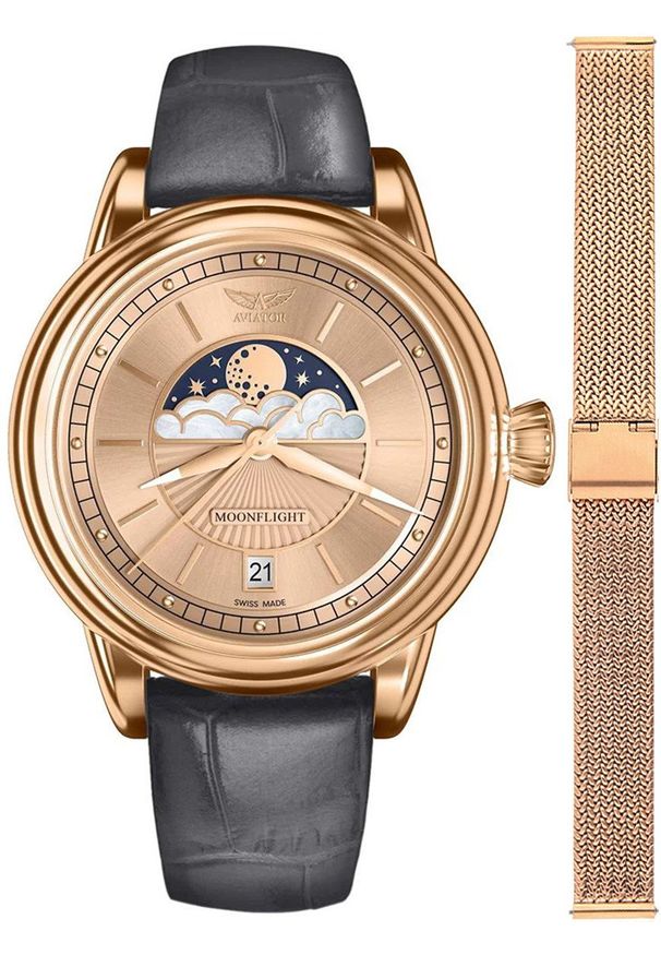 AVIATOR - Zegarek damski Aviator V.1.33.2.260.4GM-SET różowe złoto. Kolor: złoty, wielokolorowy, różowy