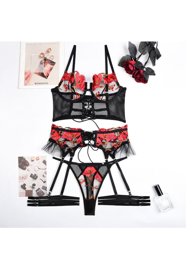 Intica - Komplet bielizny z kwiatowym haftem na wyjątkowe okazje Doohee. Kolor: wielokolorowy. Materiał: materiał. Wzór: kwiaty, haft