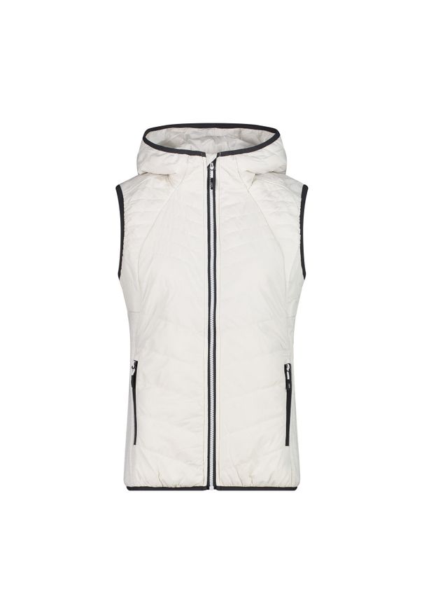 Damska kurtka bez rękawów z kapturem CMP. Typ kołnierza: kaptur. Kolor: biały. Materiał: puch. Długość rękawa: bez rękawów. Sport: turystyka piesza