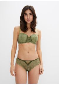 bonprix - Figi brazylijskie. Kolor: zielony. Materiał: materiał, koronka. Wzór: koronka